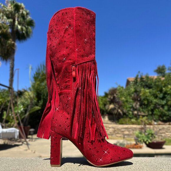 New Red Rhinestone Crystal Fringe Western Cowboy/Cowgirl Boot Knee High Heel Zip - Picture 6 of 7